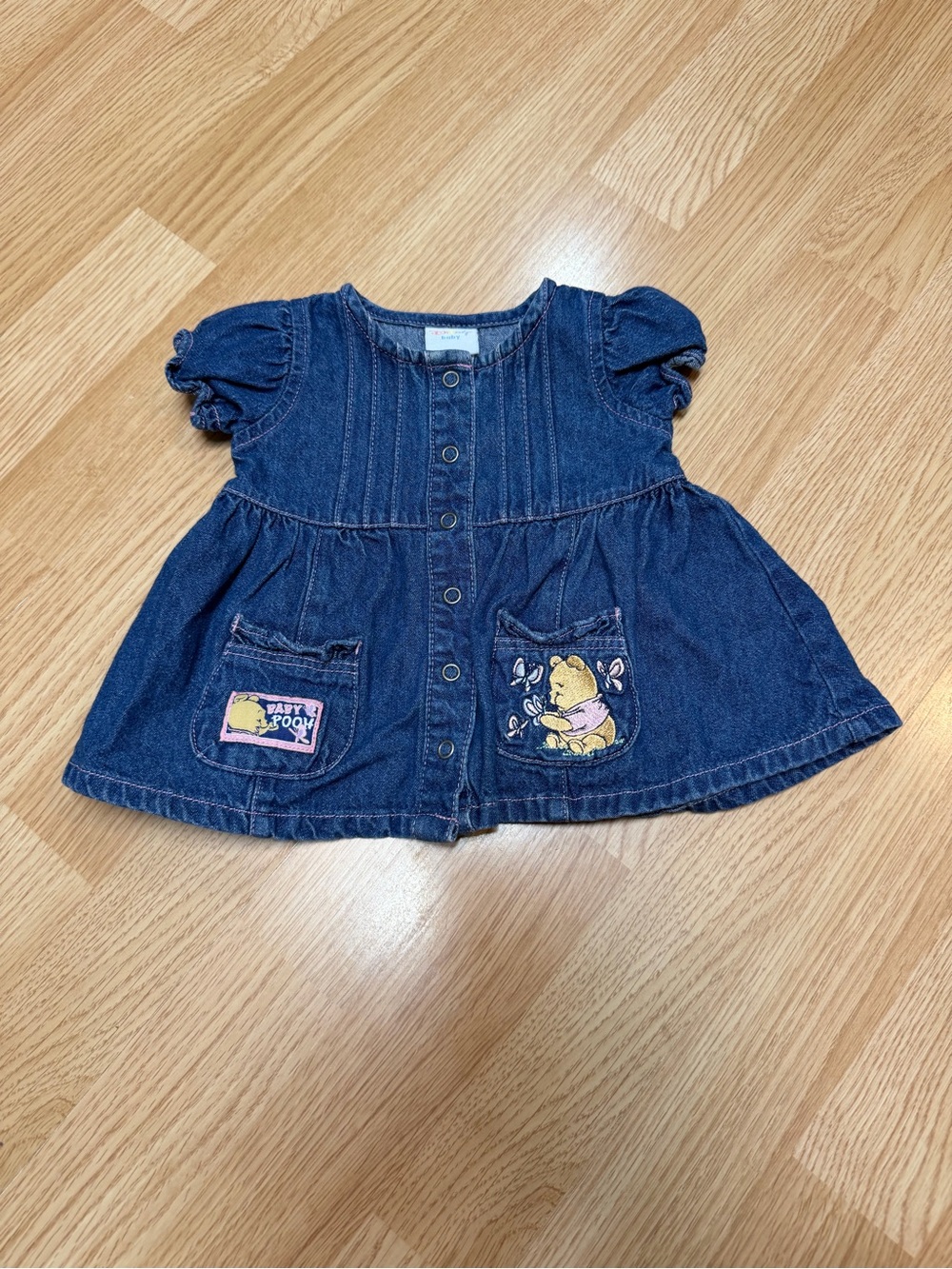 Disney Baby Baby Pooh 0-3M Denim Jumper Dress Embroidered Pockets Snap Front